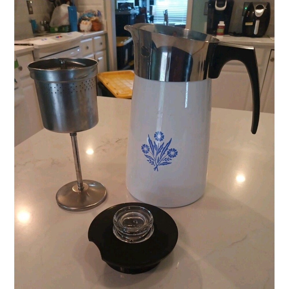 Corelle Ware Blue Cornflower Stove Top Coffee Tea Pot Percolator 9 Cup Exc. Cond